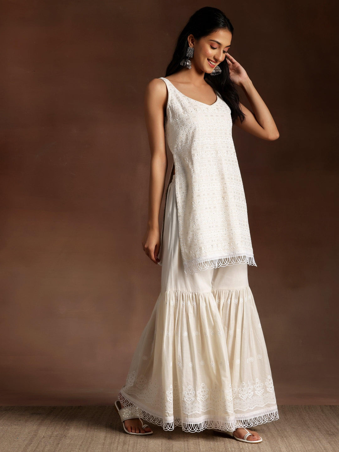 Off White Embroidered Cotton Straight Suit With Dupatta - Libas 