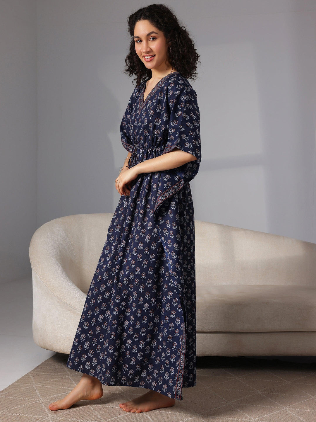 Navy Blue Printed Cotton Kaftan Night Dress - Libas 