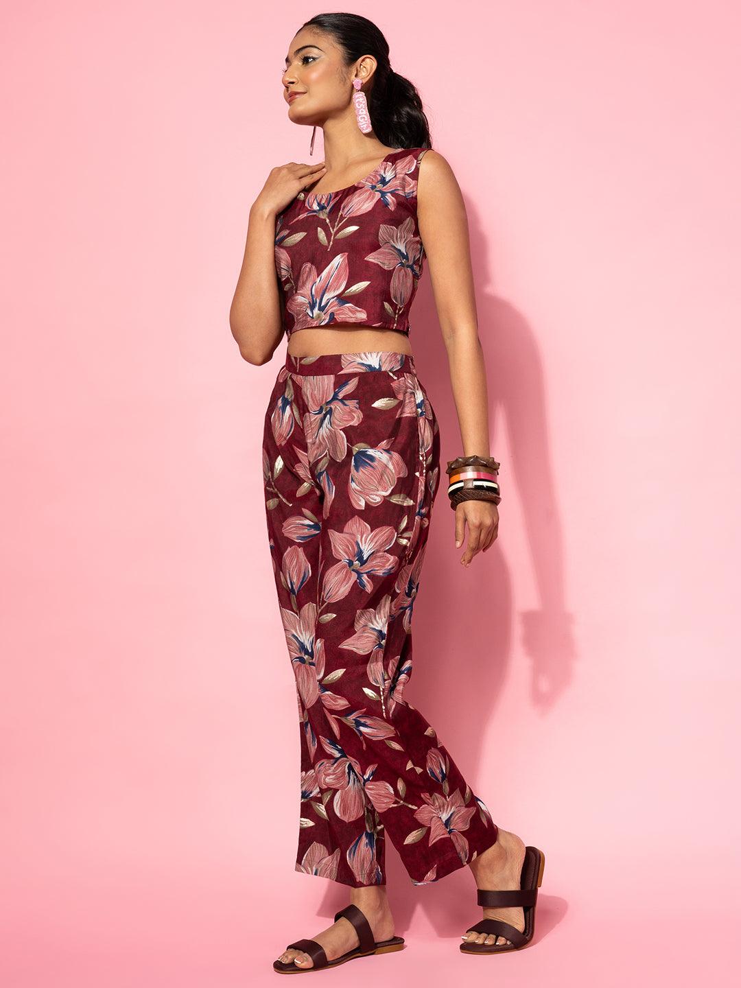 Maroon Printed Silk Blend Co-Ords - Libas