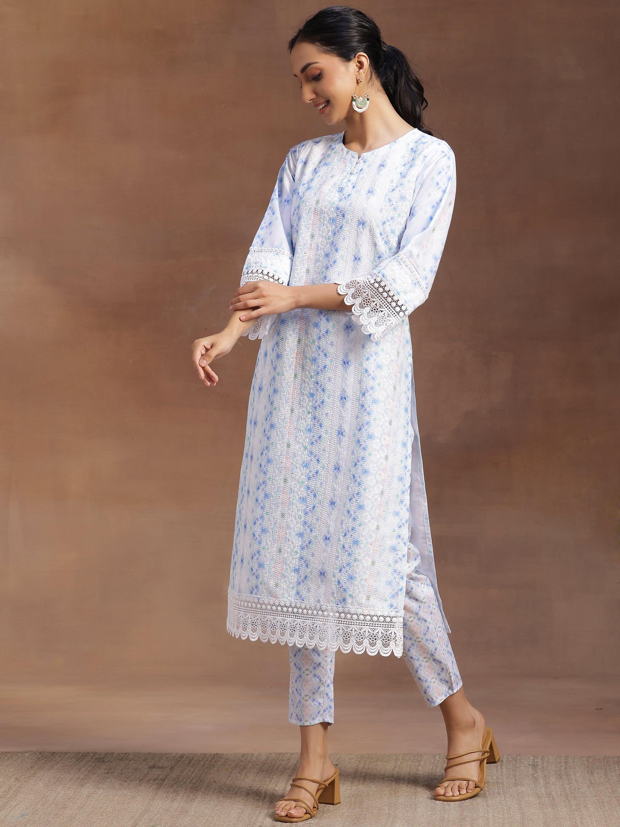 Sky Blue Embroidered Cotton Blend Straight Suit With Dupatta