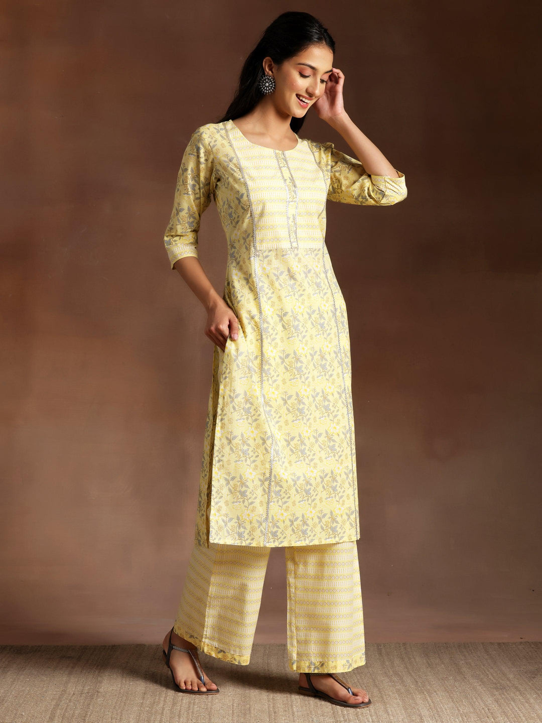 Yellow Printed Cotton Straight Suit With Dupatta - Libas 