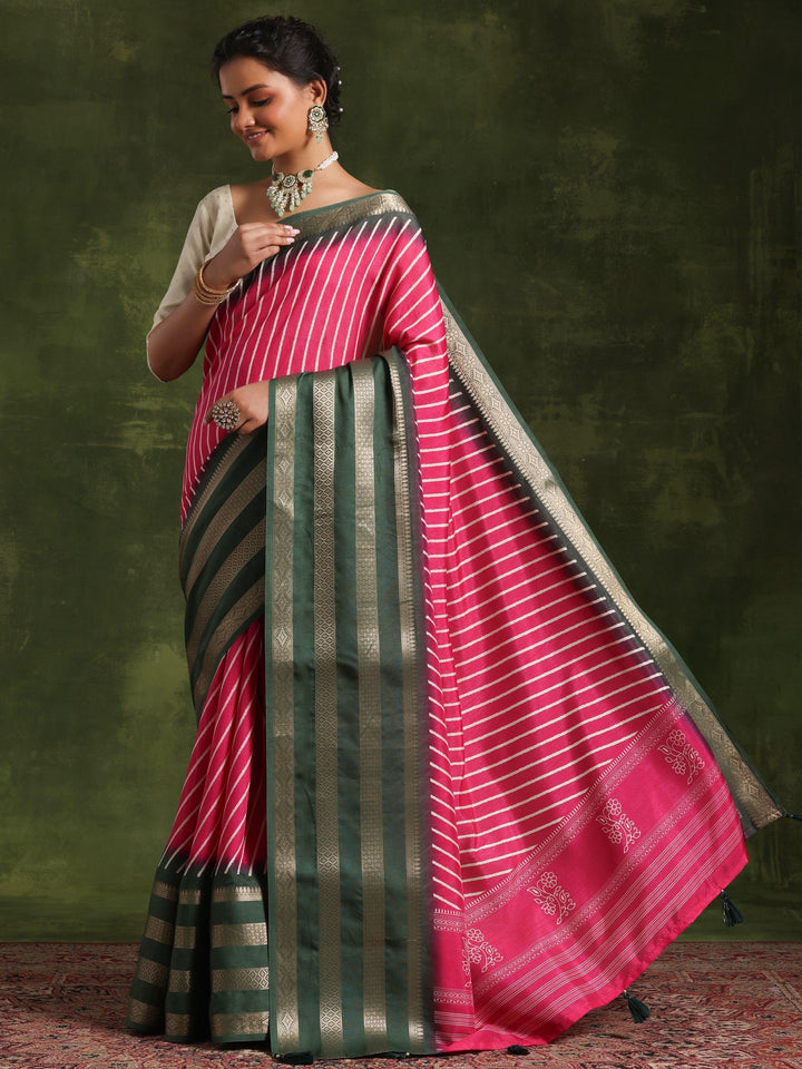 Pink Printed Silk Blend Saree With Unstitched Blouse Piece - Libas