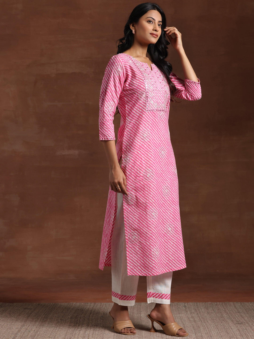 Pink Printed Cotton Straight Kurta Set - Libas