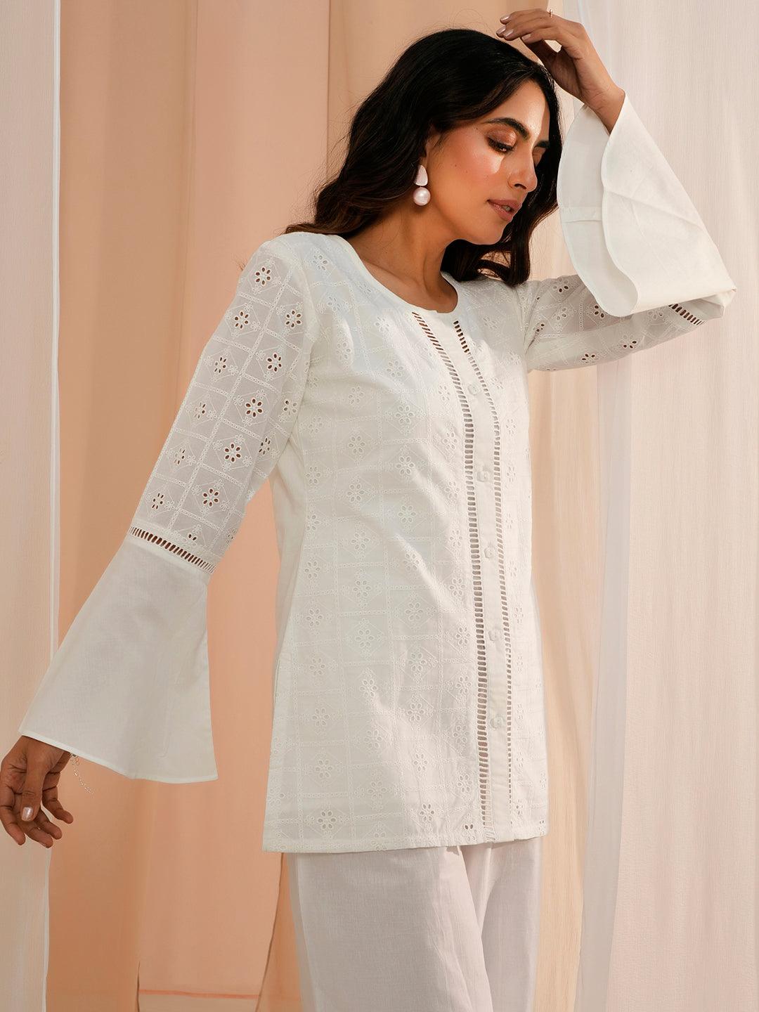 White Embroidered Cotton Straight Kurti - Libas 