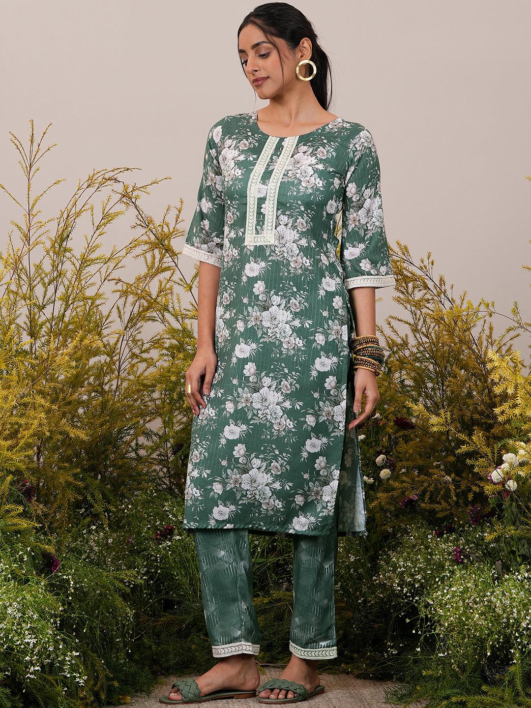 Green Printed Cotton Straight Suit With Dupatta - Libas 