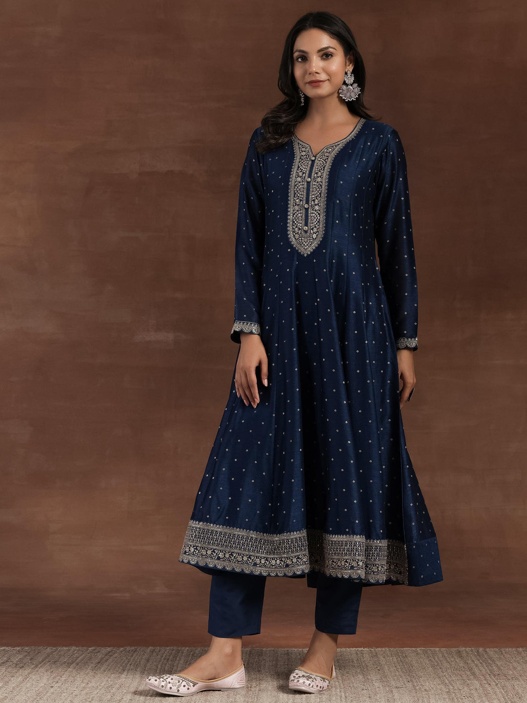 Rizwana Blue Embroidered Silk Blend A-Line Kurta With Trousers & Dupatta - Libas 