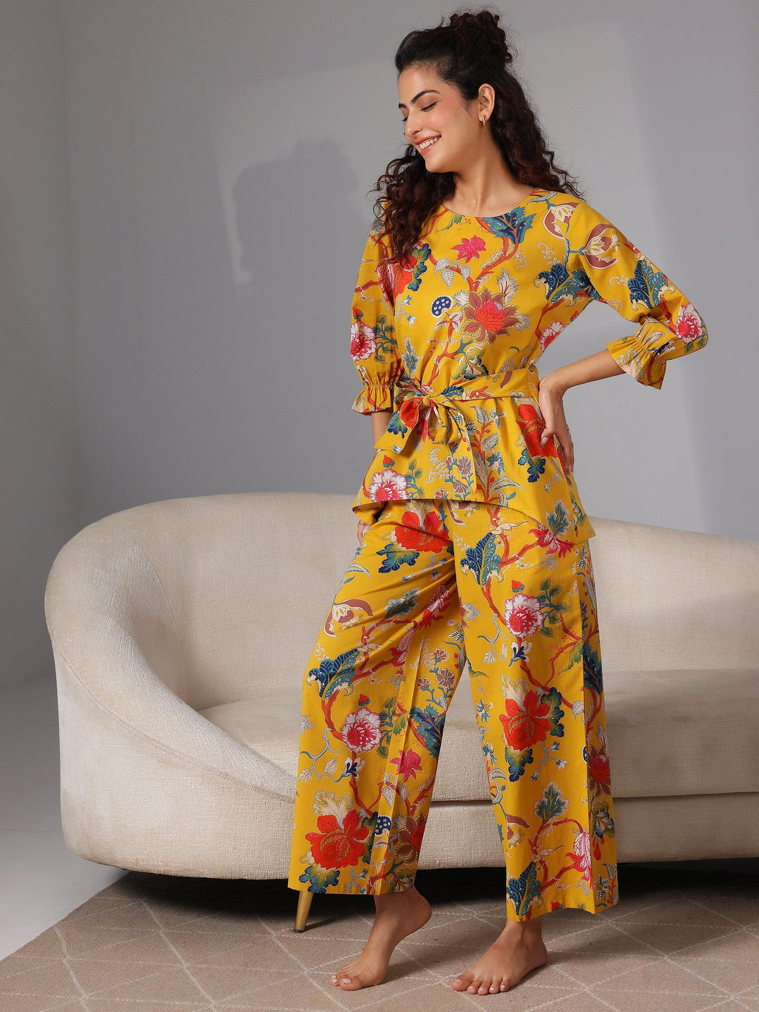 Mustard Printed Cotton Night Suits - Libas 