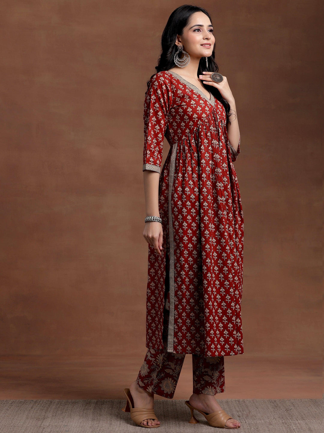 Rust Printed Cotton A-Line Kurta With Palazzos - Libas 