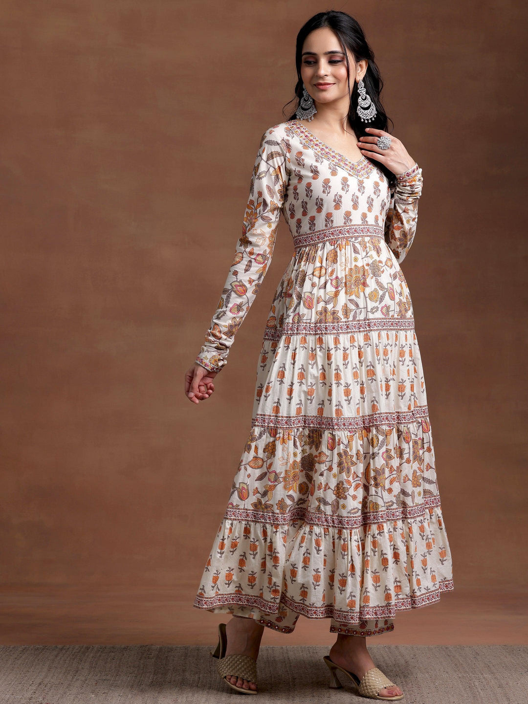 Off white Printed Cotton A-Line Kurta With Palazzos & Dupatta - Libas 