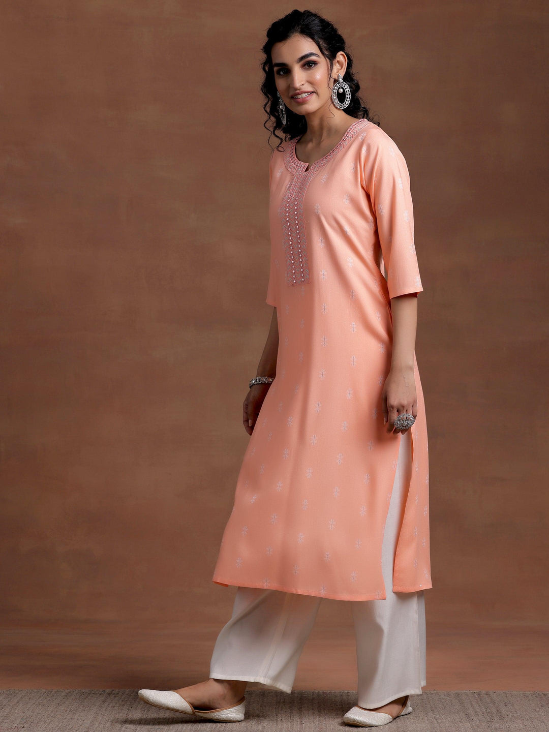 Peach Woven Design Cotton Straight Kurta - Libas