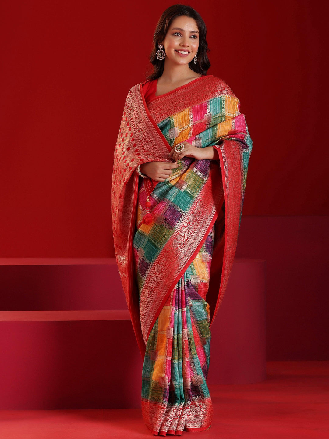 Libas Art Multicoloured Woven Design Satin Saree With Unstitched Blouse Piece - Libas