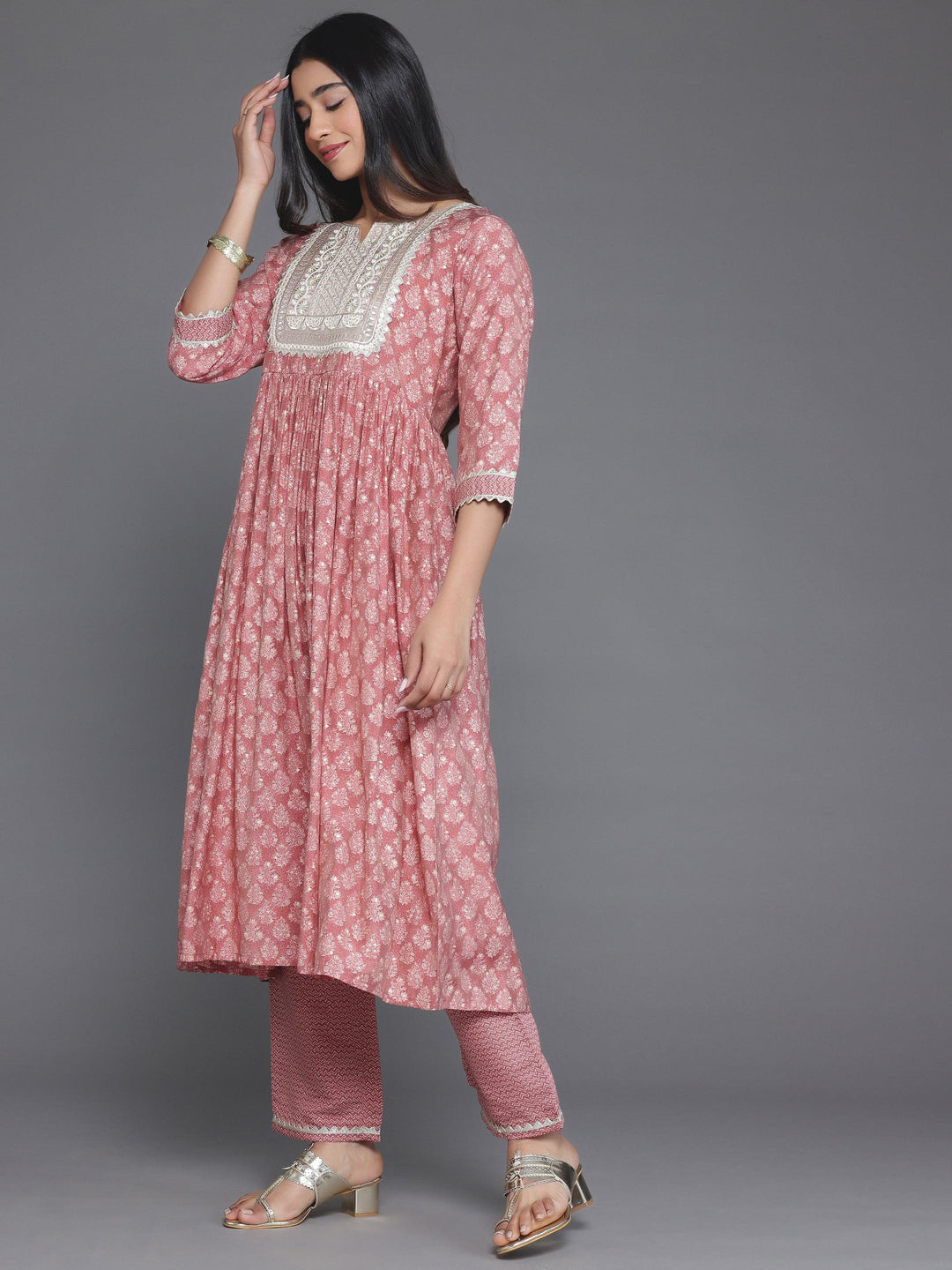 Mauve Printed Silk Blend A-Line Kurta With Palazzos - Libas 