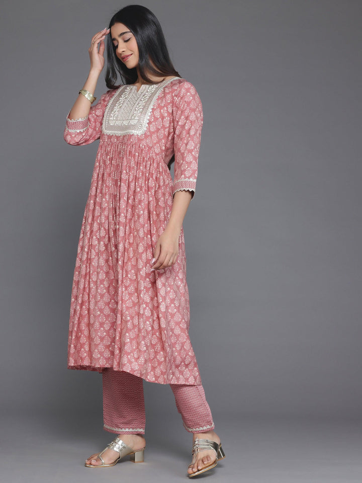 Mauve Printed Silk Blend A-Line Kurta With Palazzos - Libas