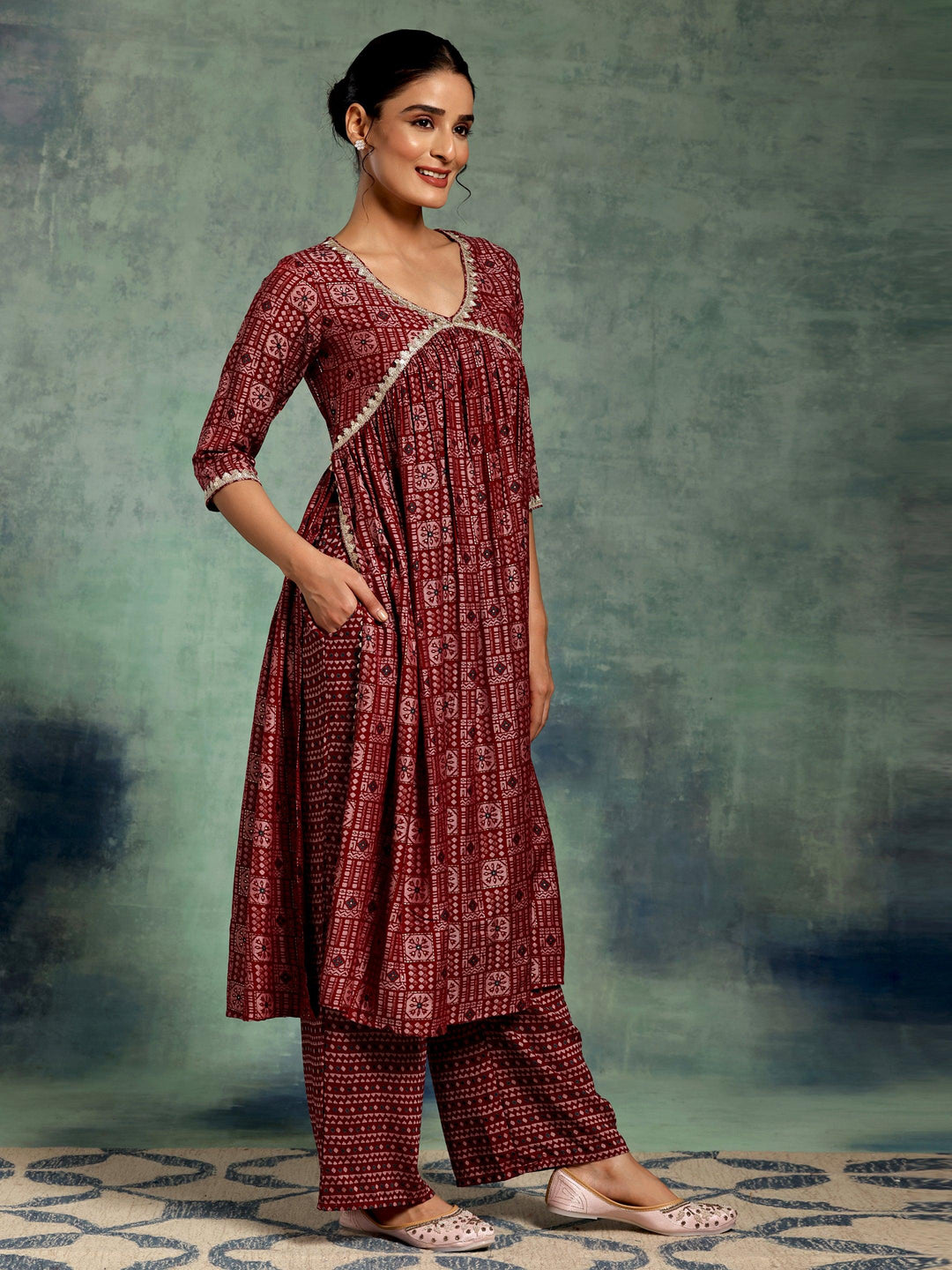 Maroon Printed Silk Blend A-Line Kurta With Palazzos & Dupatta - Libas 