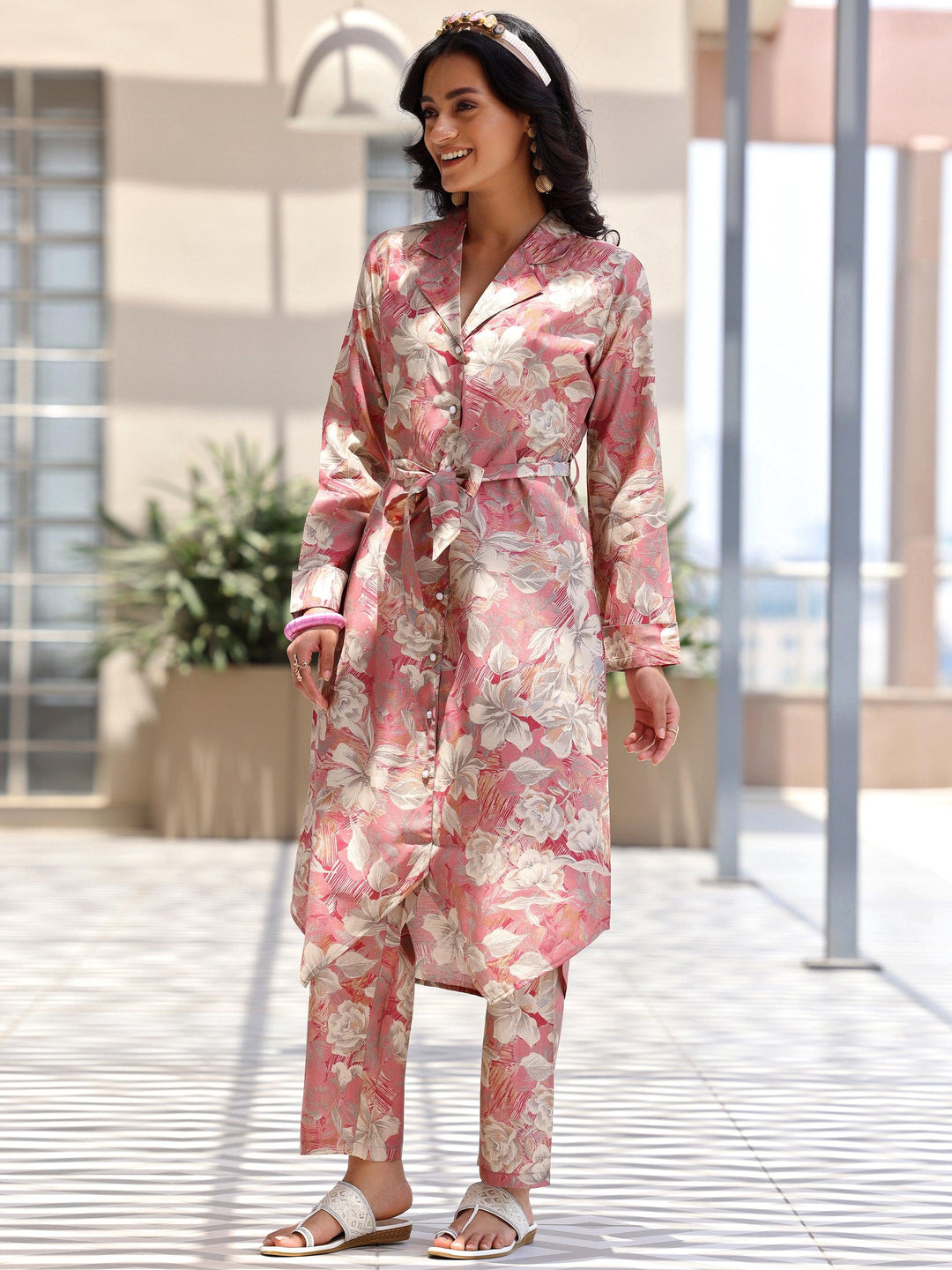 Pink Printed Silk Blend Co-Ords - Libas 