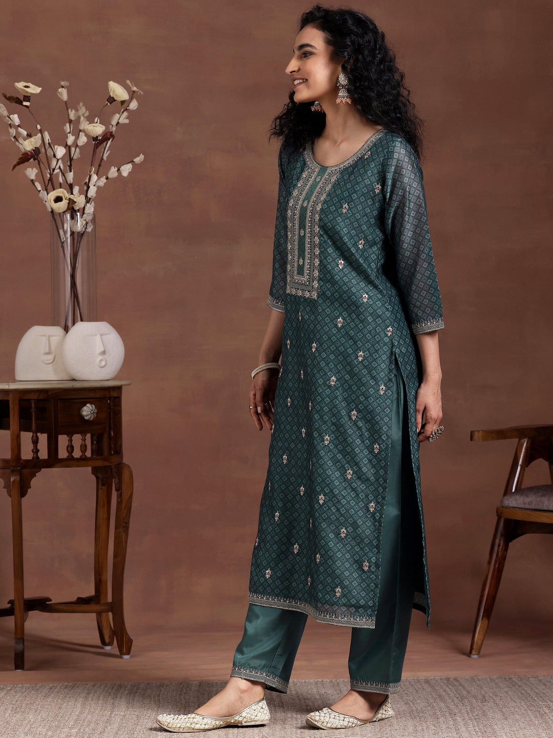 Teal Printed Silk Blend Straight Suit With Dupatta - Libas