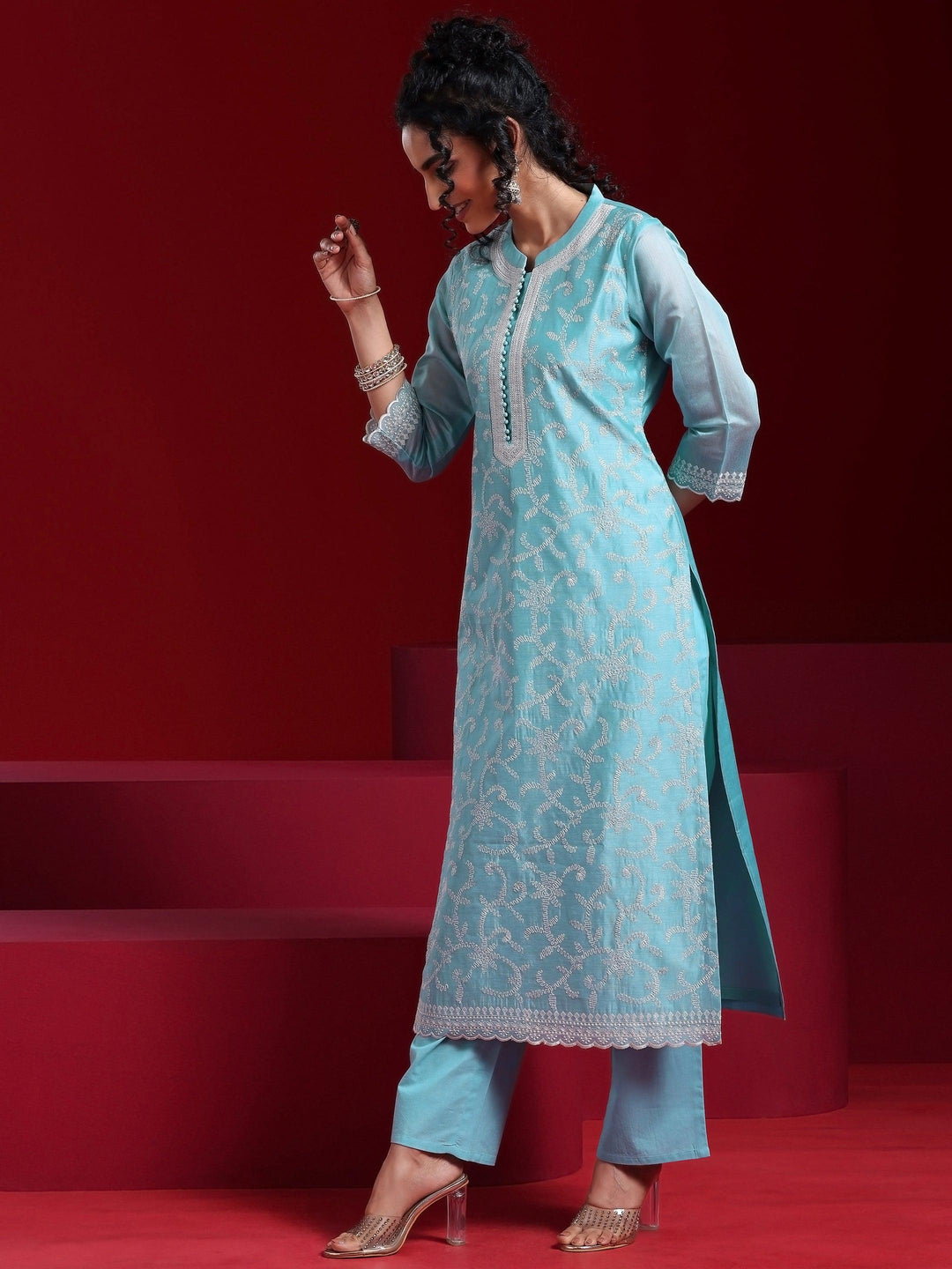 Libas Art Blue Embroidered Chanderi Silk Straight Suit With Dupatta - Libas 