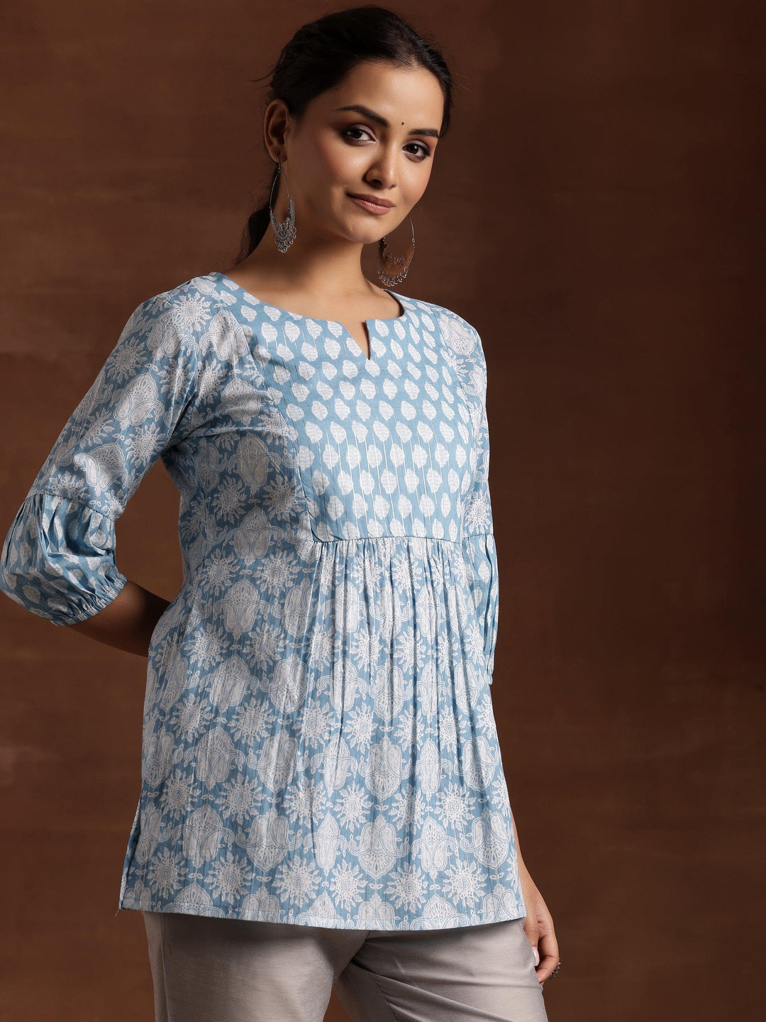 Blue Printed Cotton Straight Kurti - Libas 