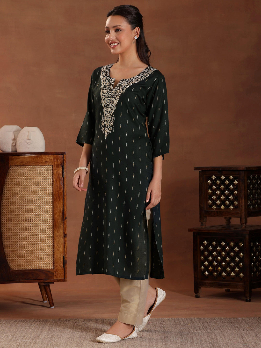 Green Woven Design Cotton Straight Kurta - Libas 