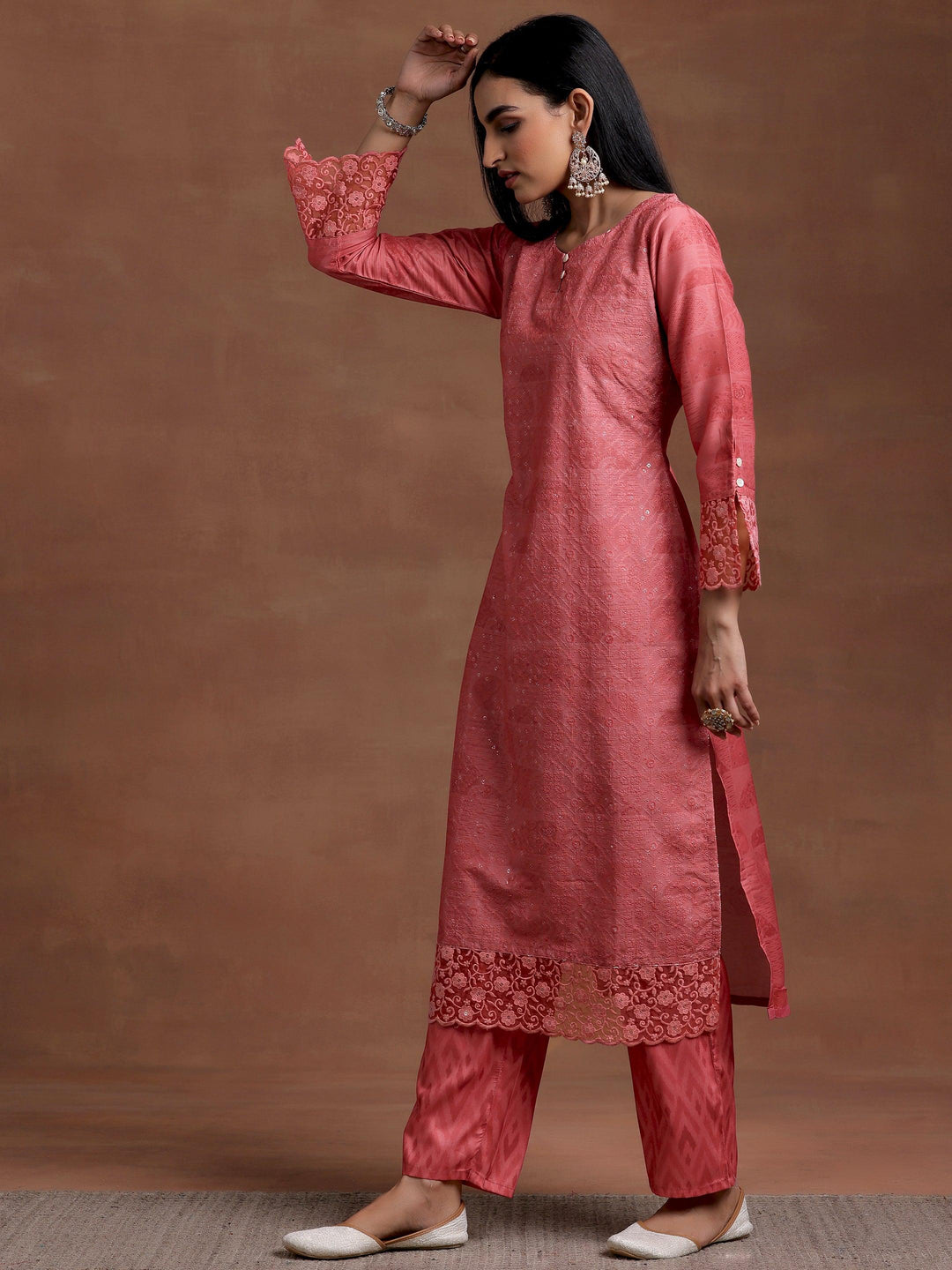 Peach Embroidered Silk Blend Straight Suit With Dupatta - Libas 