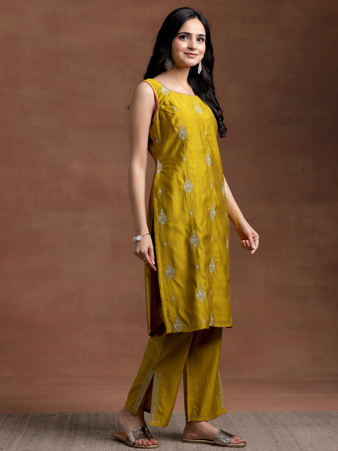 Mustard Embroidered Silk Blend Straight Suit With Dupatta - Libas 