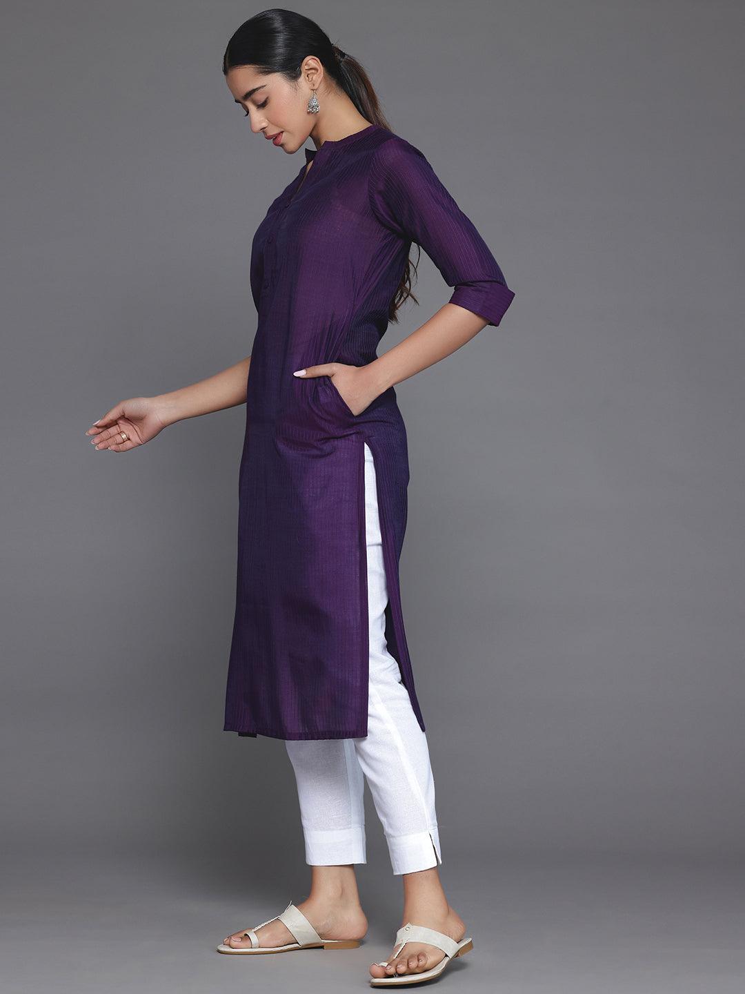 Purple Woven Design Silk Straight Kurta - Libas 