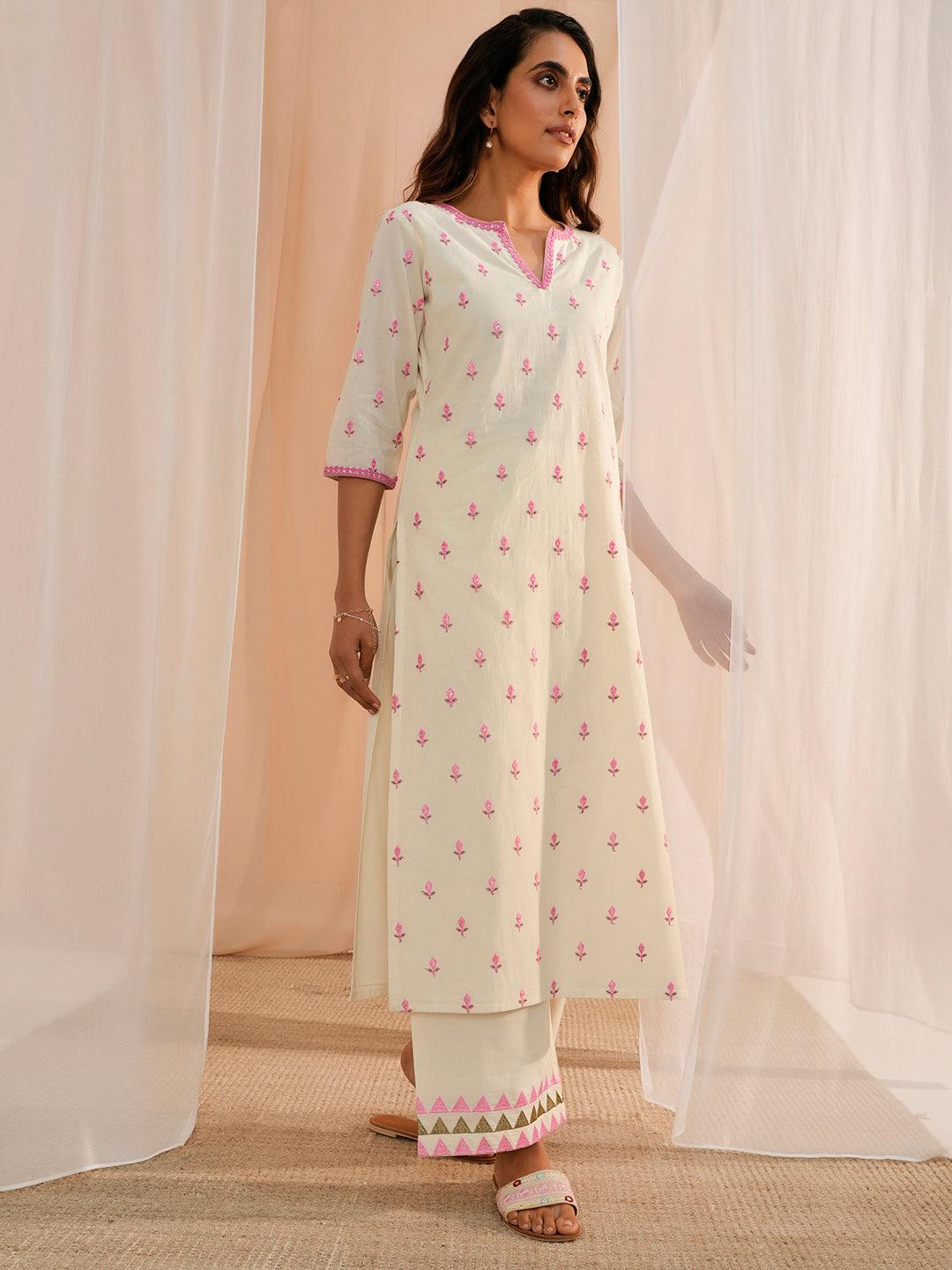 Off White Embroidered Cotton Straight Suit With Dupatta - Libas