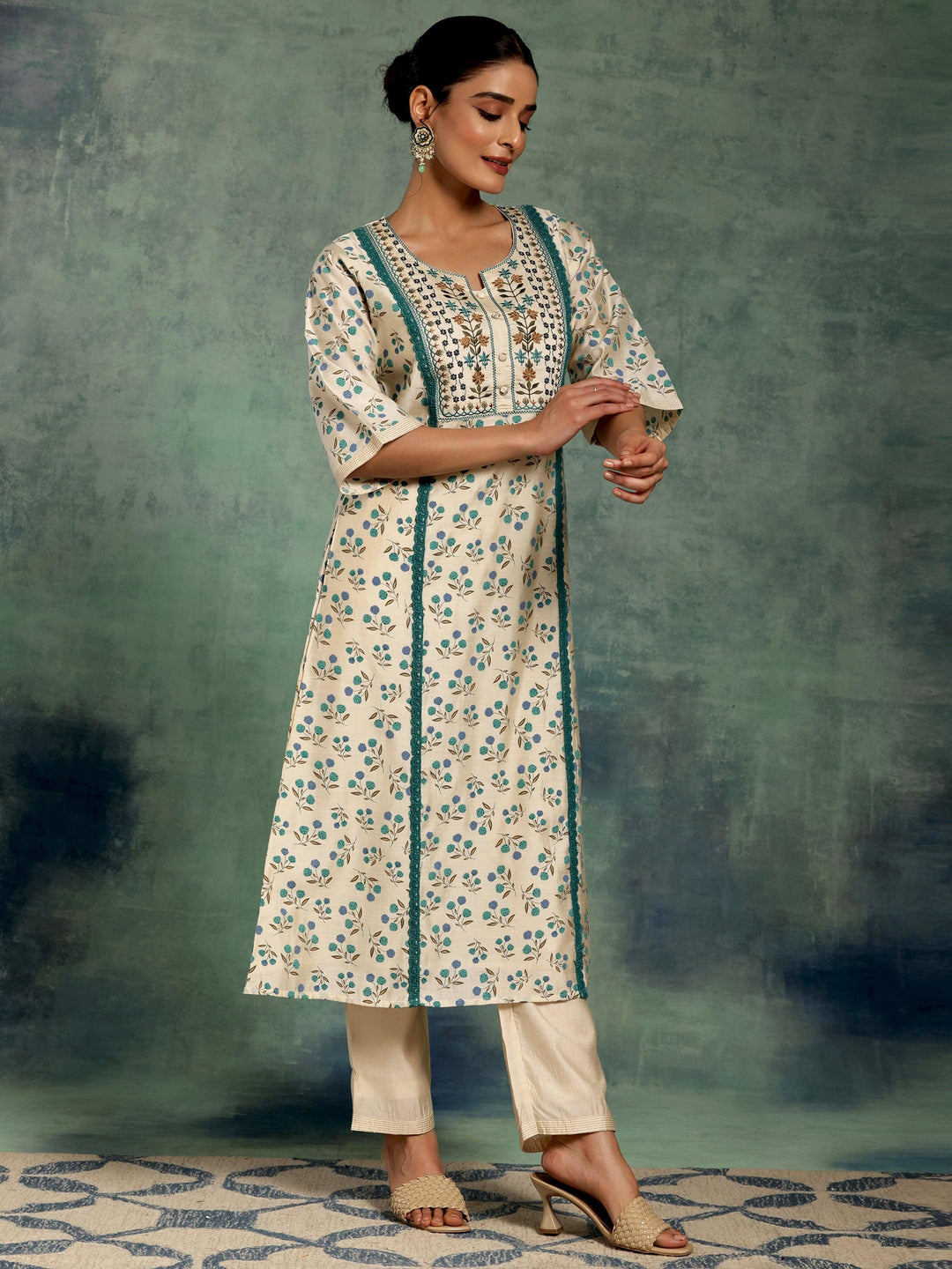 Beige Printed Chanderi Silk A-Line Kurta With Palazzos - Libas