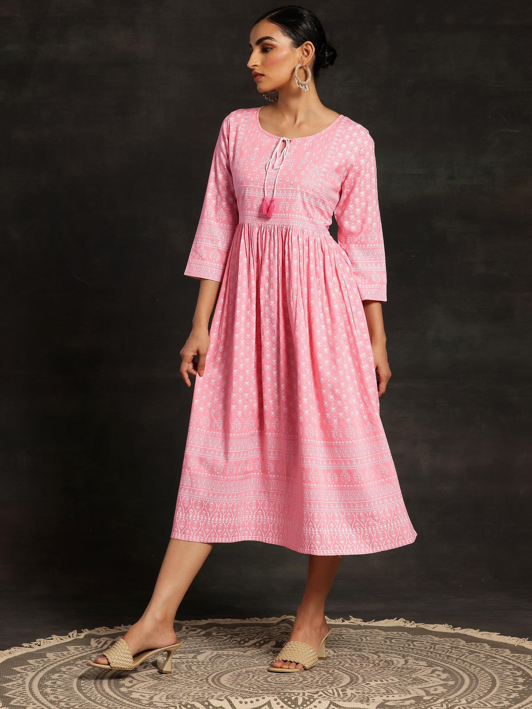 Pink Printed Cotton Fit and Flare Dress - Libas 