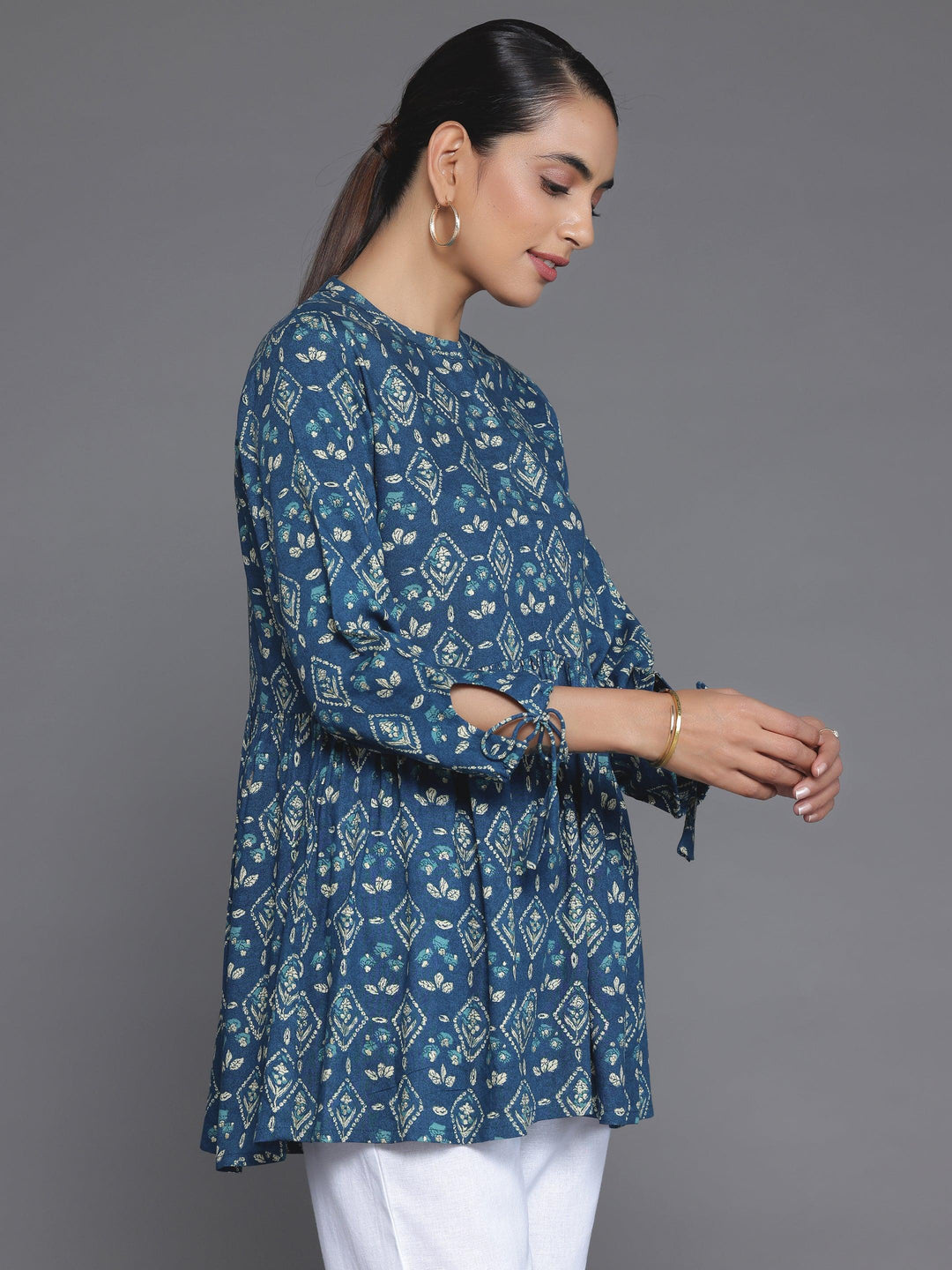 Blue Printed Rayon A-Line Kurti - Libas 