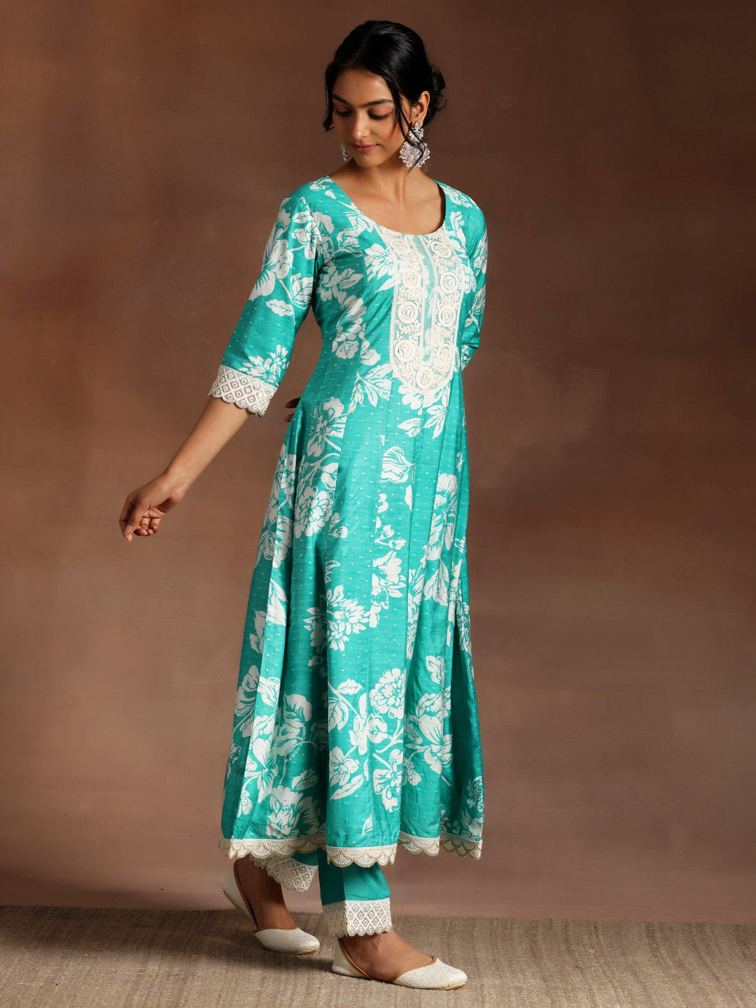 Abidaah Green Printed Silk Blend A-Line Kurta With Trousers & Dupatta - Libas