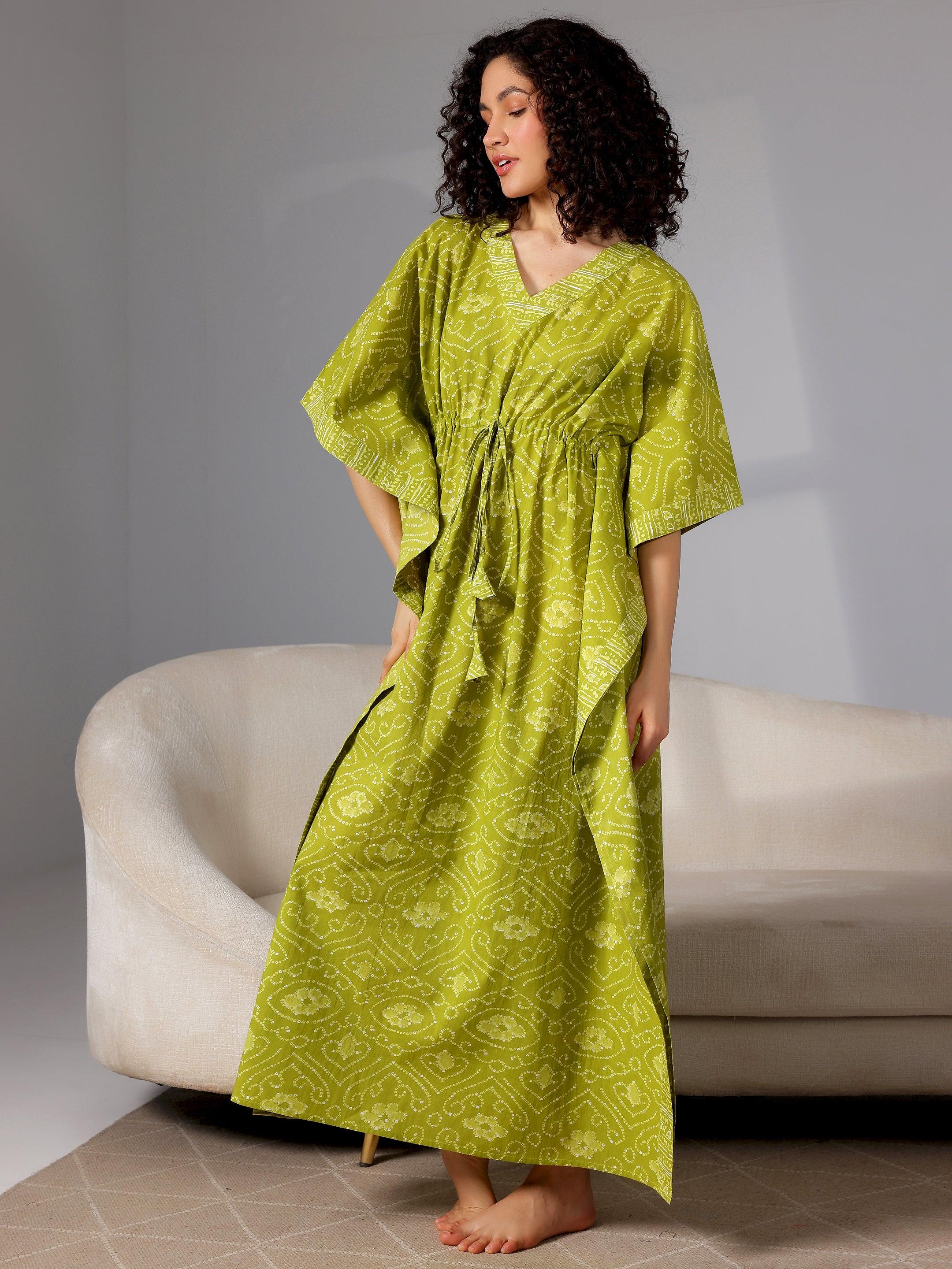 Green Printed Cotton Kaftan Night Dress