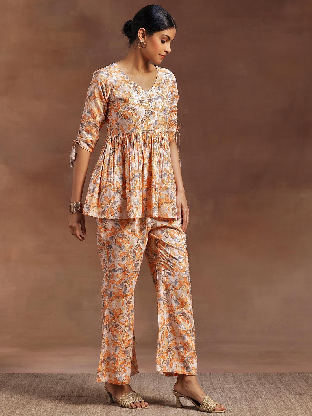 Orange Printed Cotton Blend Co-Ords - Libas 