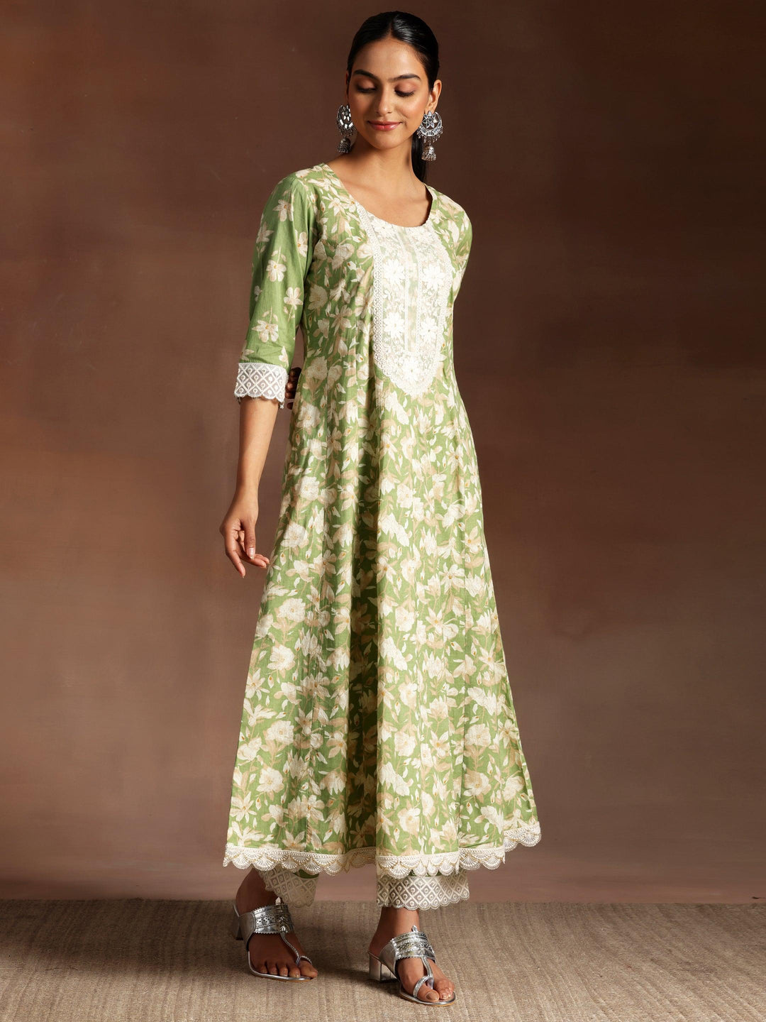 Green Printed Cotton A-Line Kurta With Trousers & Dupatta - Libas 