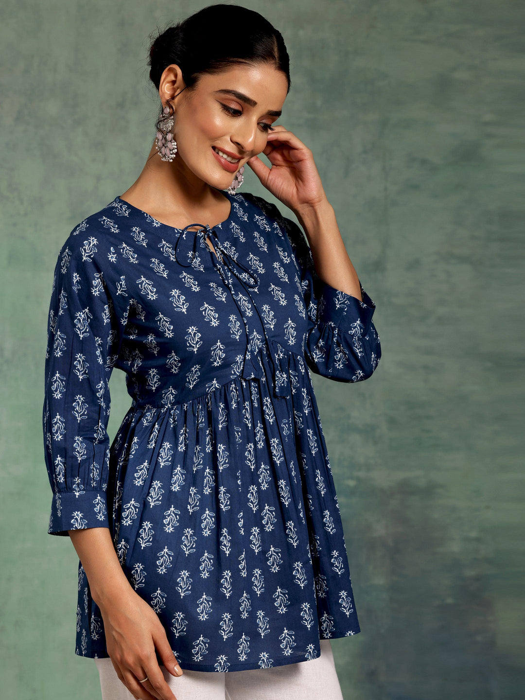 Blue Printed Cotton A-Line Kurti - Libas 