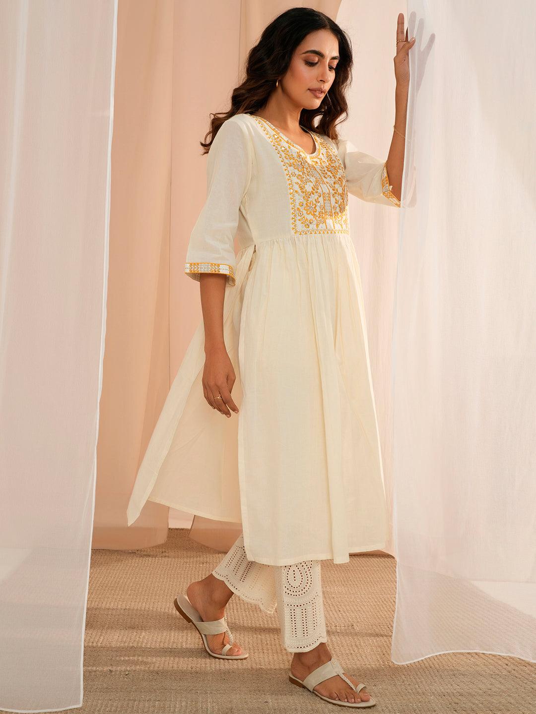 Off White Yoke Design Cotton A-Line Kurta - Libas