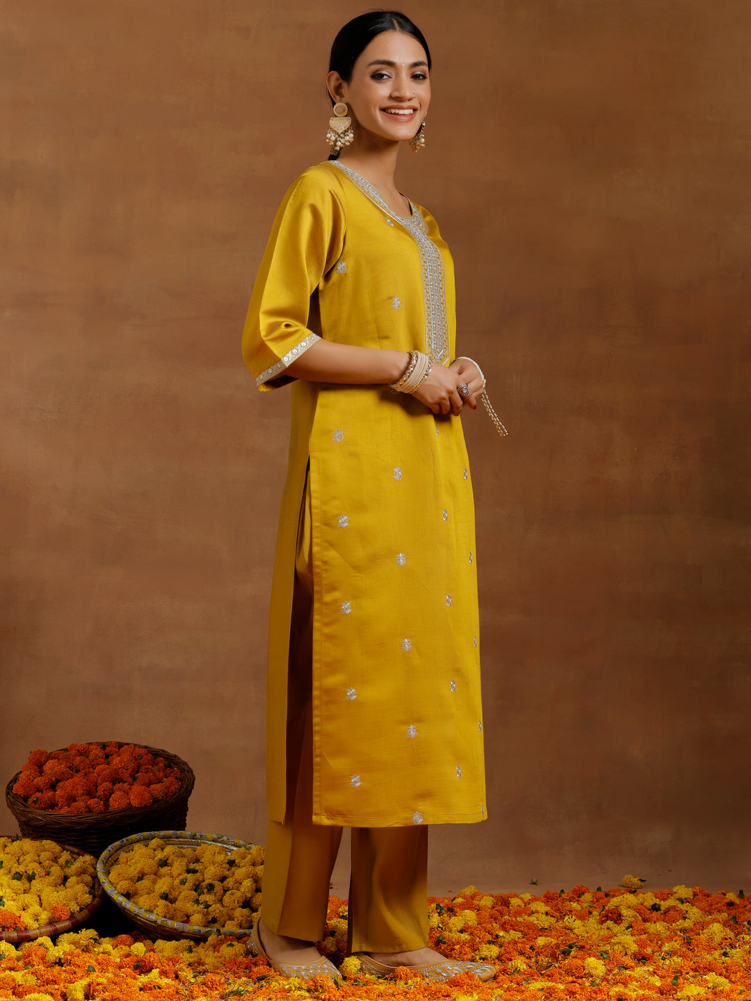  Mustard Embroidered Silk Blend Straight Suit With Dupatta 