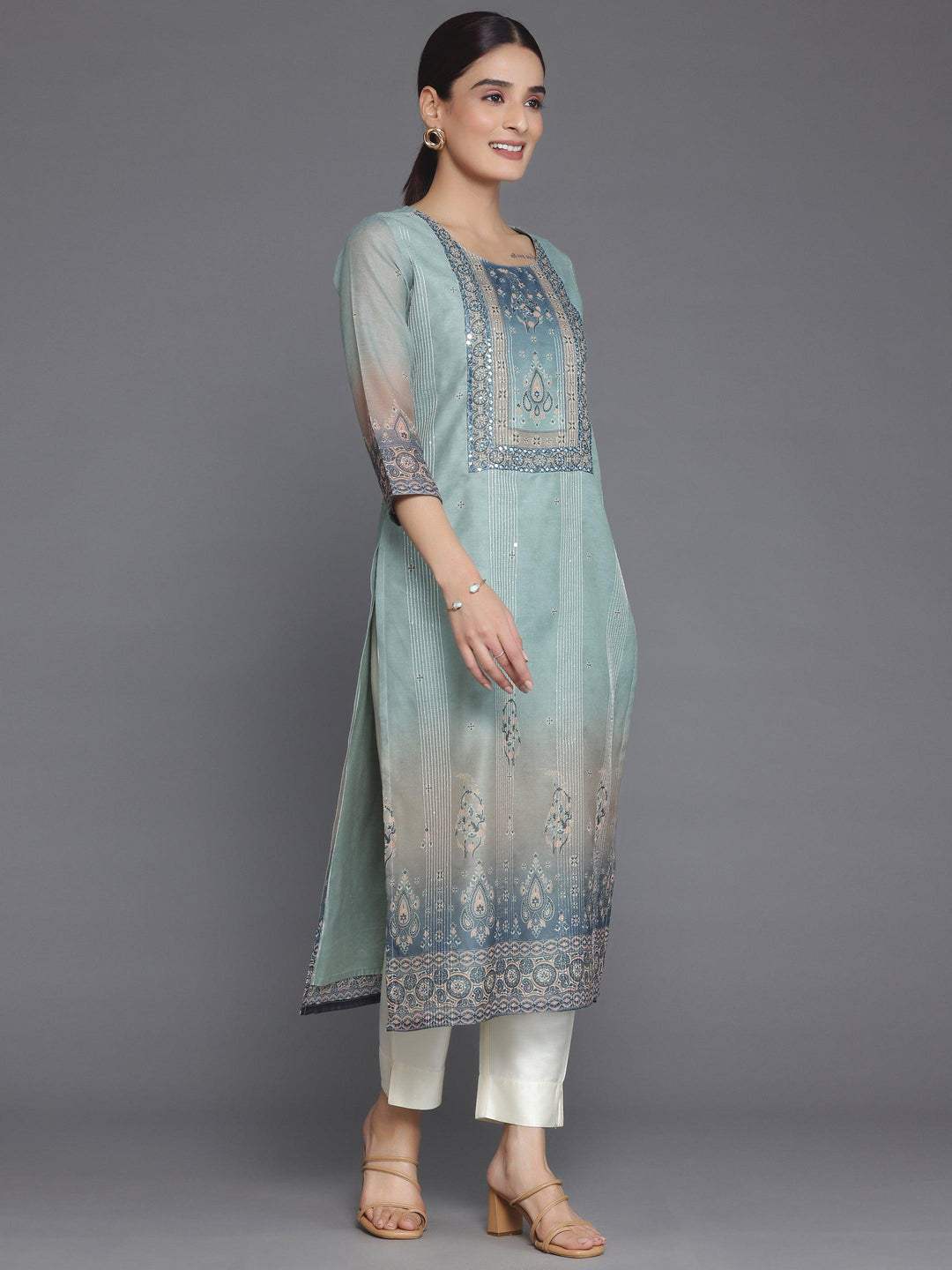 Grey Embellished Chanderi Silk Straight Kurta - Libas 