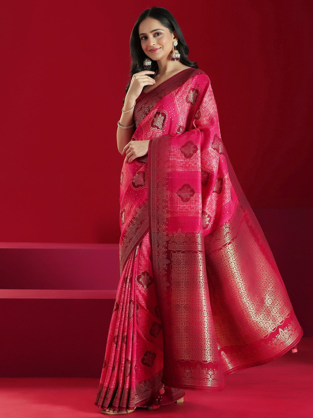 Libas Art Pink Woven Design Satin Saree With Unstitched Blouse Piece - Libas