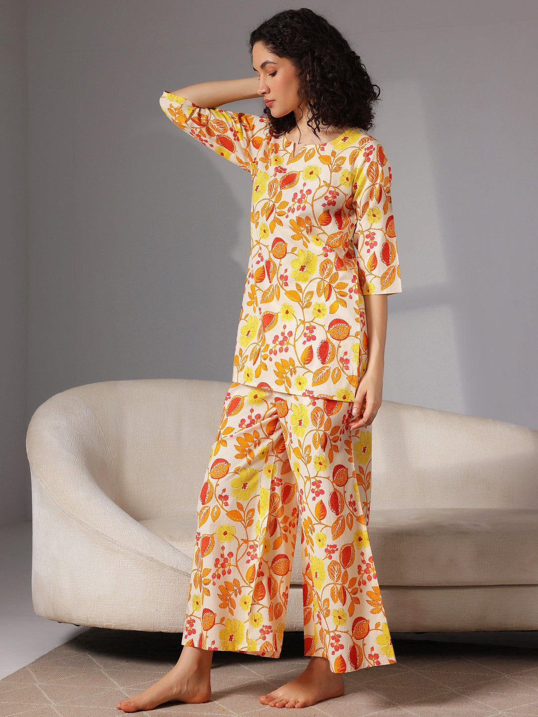 Yellow Printed Cotton Night Suits - Libas