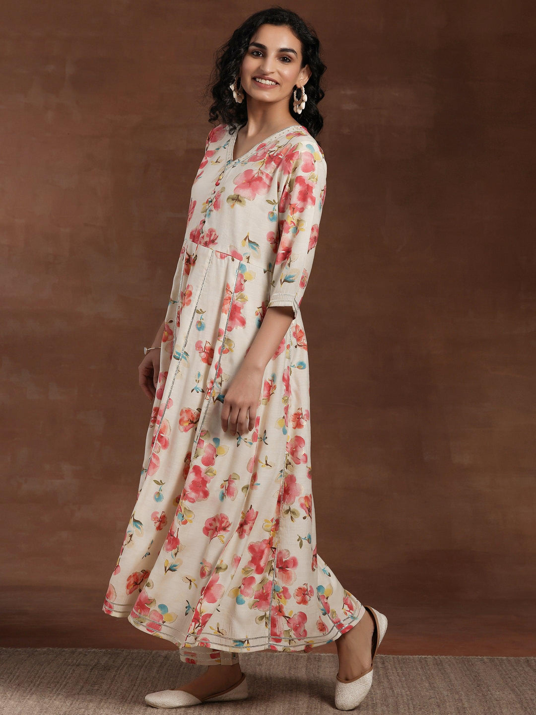 Off White Printed Silk Blend Anarkali Kurta Set - Libas 