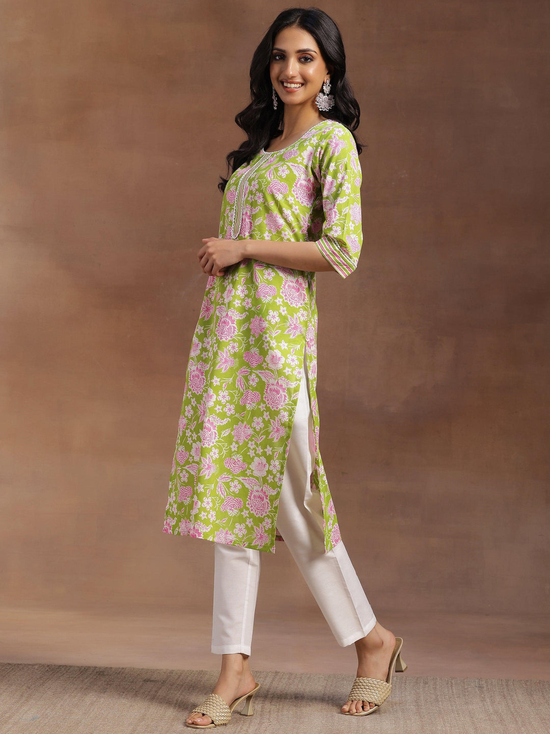 Green Printed Cotton Straight Kurta - Libas 