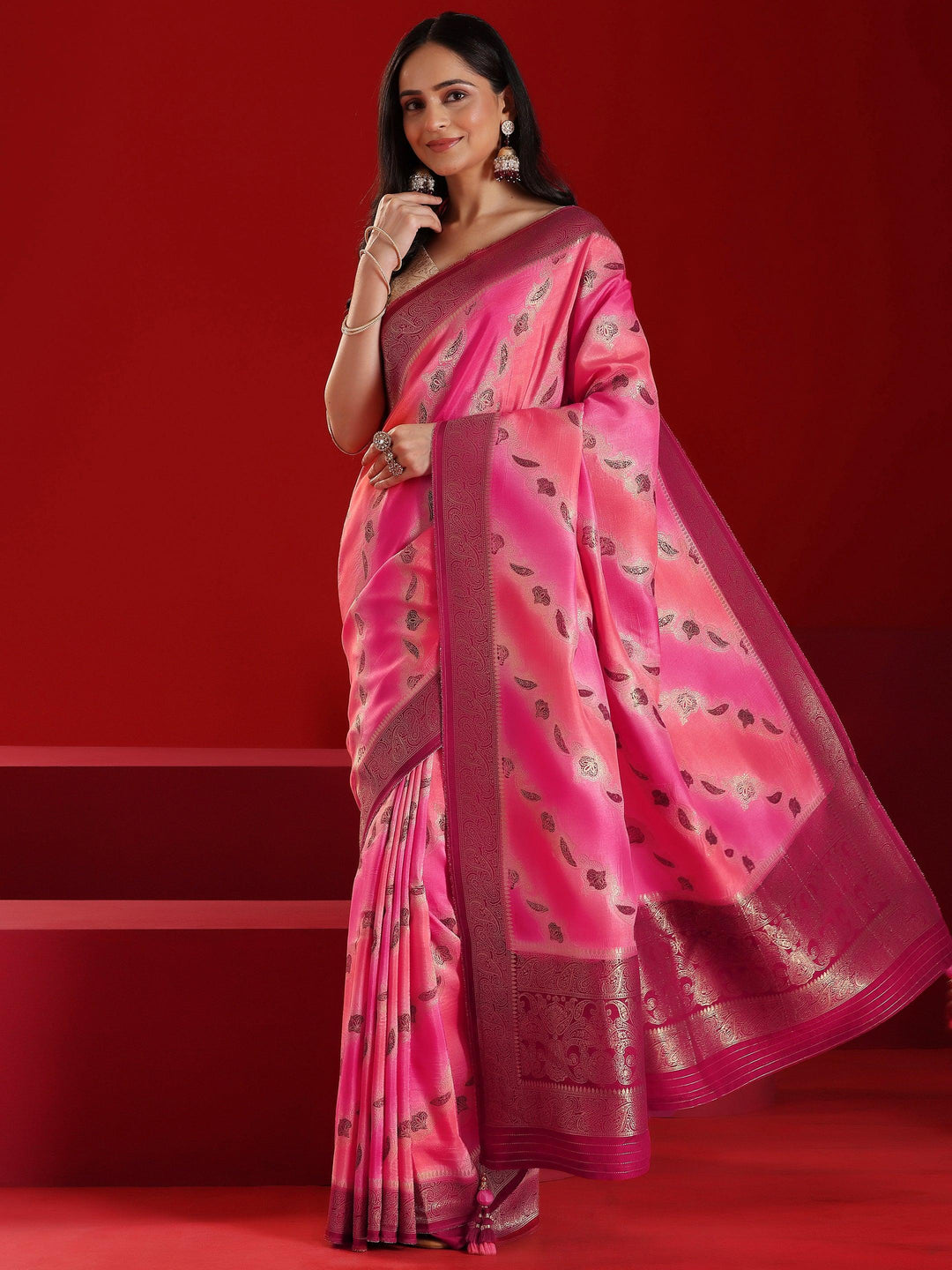 Libas Art Pink Woven Design Satin Saree With Unstitched Blouse Piece - Libas 