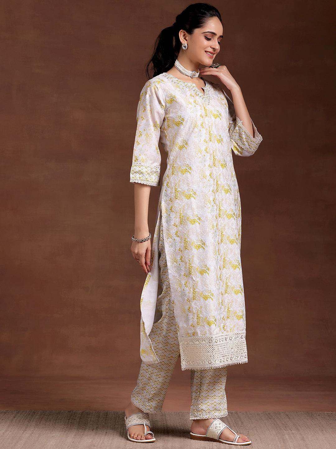 Beige Embroidered Cotton Blend Straight Suit With Dupatta - Libas 