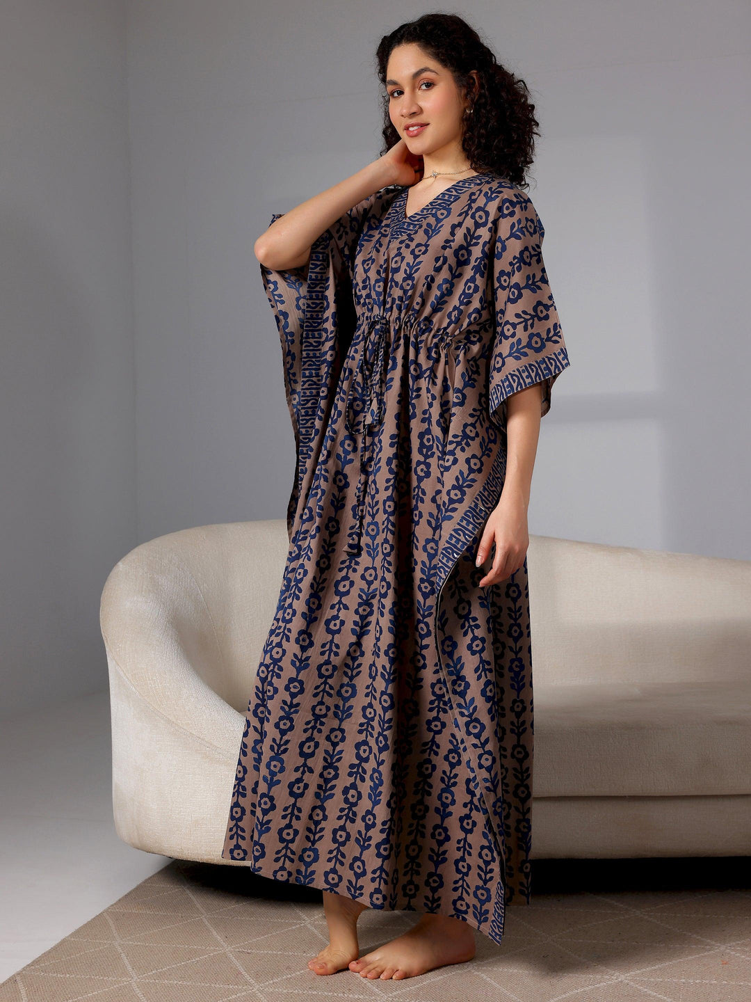 Blue Printed Cotton Kaftan Night Dress - Libas