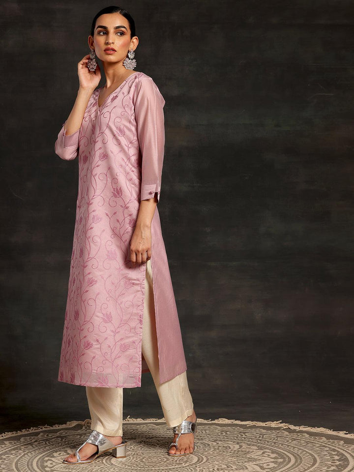 Mauve Embroidered Silk Straight Kurta - Libas