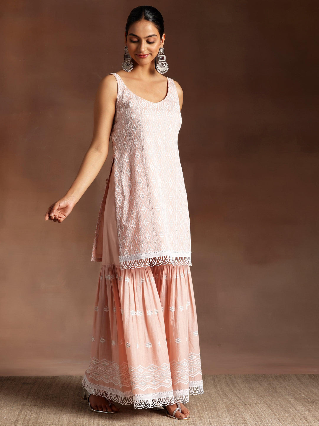 Peach Embroidered Cotton Straight Suit With Dupatta - Libas 