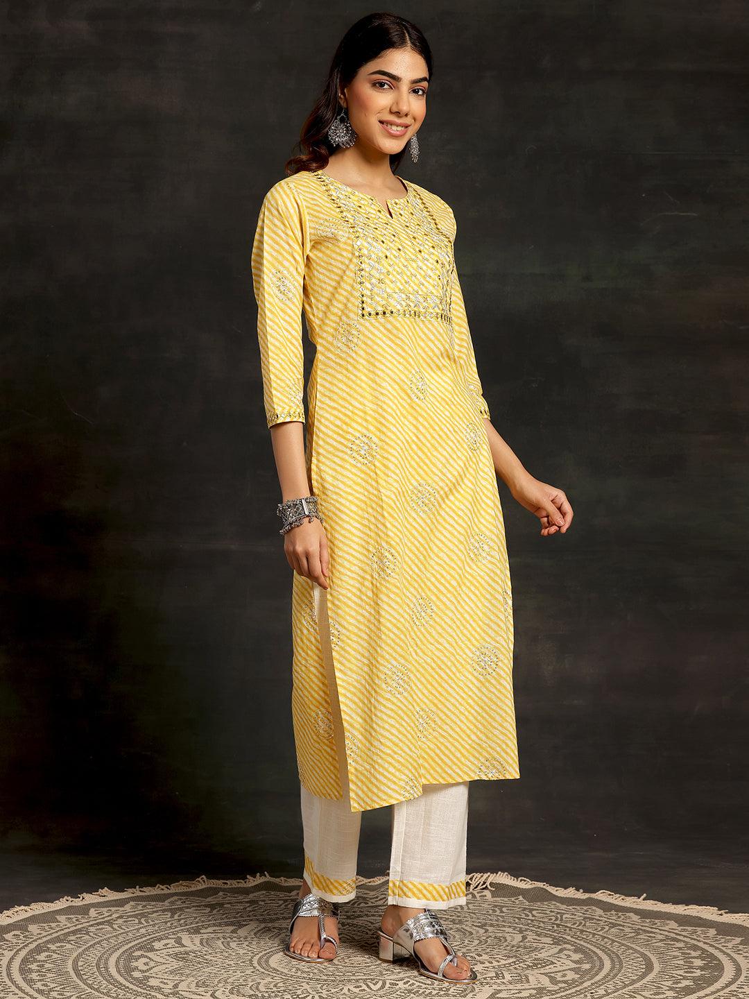 Yellow Printed Cotton Straight Kurta Set - Libas