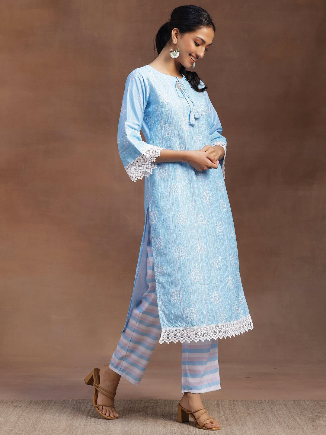 Blue Embroidered Cotton Blend Straight Suit With Dupatta - Libas