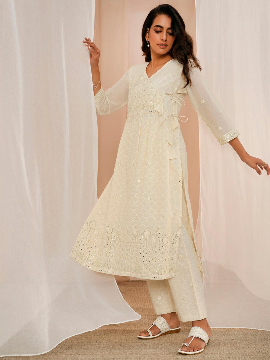 Off White Embroidered Cotton A-Line Kurta With Trousers & Dupatta - Libas 